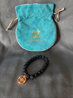 Rustic Cuff Black Sparkle Stretch Bracelet with Gold Logo Disc